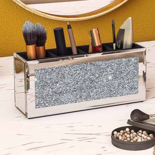 SHYFOY 4-Compartment Makeup Brush Holder Mirrored Makeup Organizer with Crushed Diamond Crystals Vanity Cosmetics Organizer Solution Pencil Holder Organizer for Desk