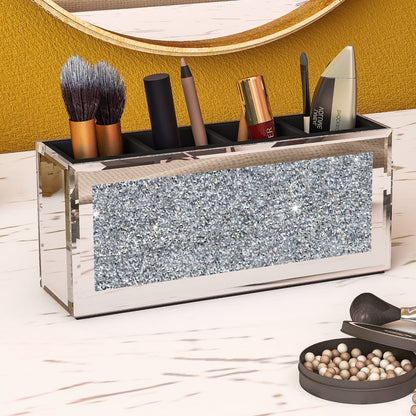 SHYFOY 4-Compartment Makeup Brush Holder Mirrored Makeup Organizer with Crushed Diamond Crystals Vanity Cosmetics Organizer Solution Pencil Holder Organizer for Desk