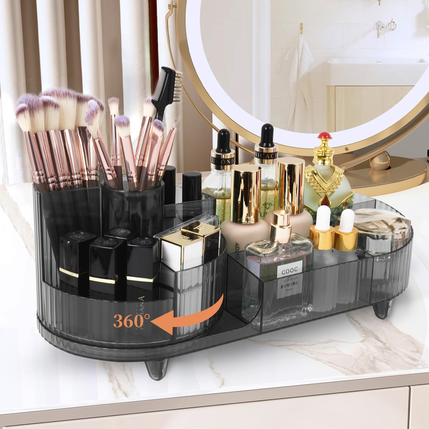 Zufudo Makeup Organizer for Vanity 360 Rotating Plastic Makeup Brush Holder Large Cosmetic Skincare Organizer for Lotion Lipstick Model 8056 Grey